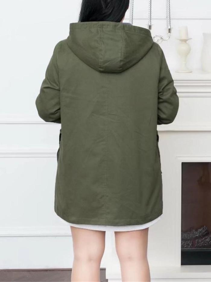 Casual Women Pockets Hooded Trench Appliqued Long Sleeve Hoodie Coat