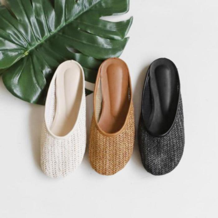 Women Beach Pu Flats Faux Straw Braided Slippers Shoes