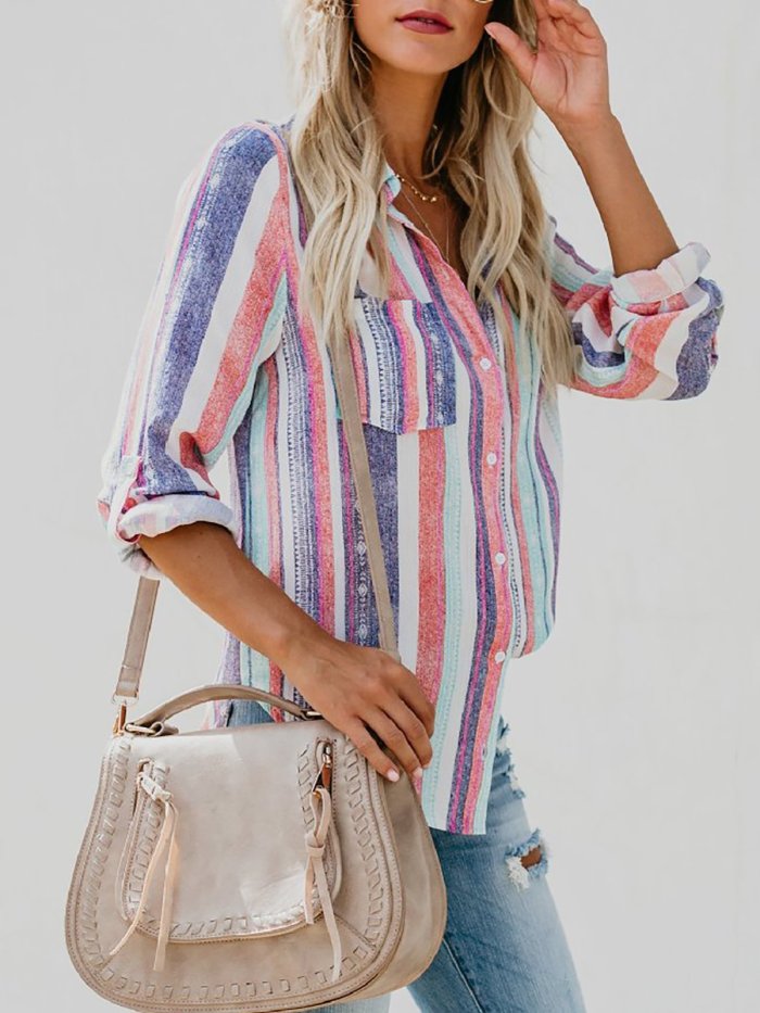 Multicolor Striped Casual Shirt Collar Buttoned Blouses & Shirt