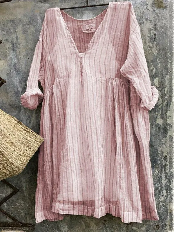 V Neck 3/4 Sleeve Striped Casual Bat Sleeve Tops