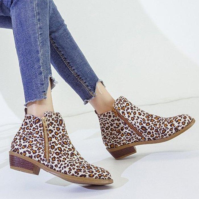 Women Ankle Boots Casual Chic Zipper Boots Artificial Leather Leopard Booties