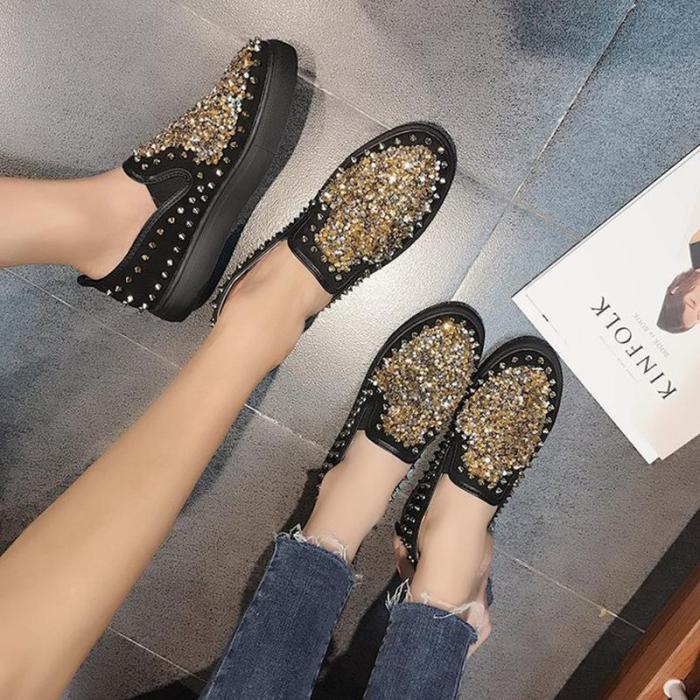 Red PU Spring/Fall Rhinestone Loafers