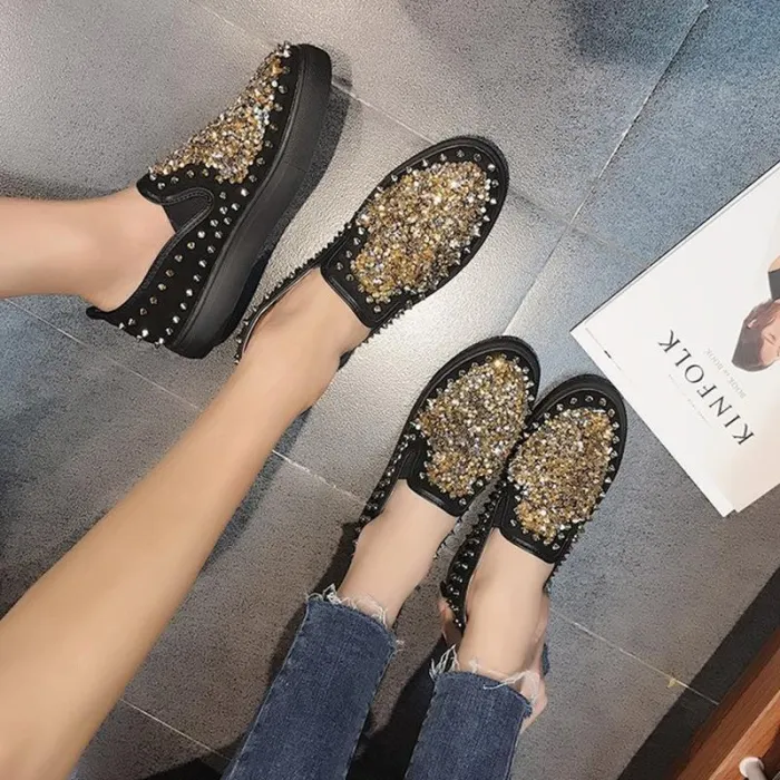 Red PU Spring/Fall Rhinestone Loafers