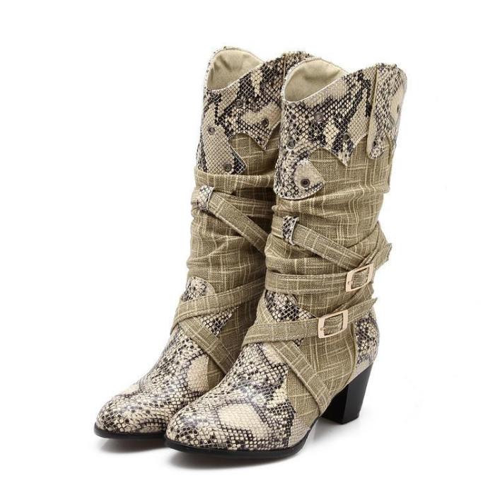 Women Snakeskin Pattern PU Chunky Heel Mid Calf Boots Artificial Leather Booties