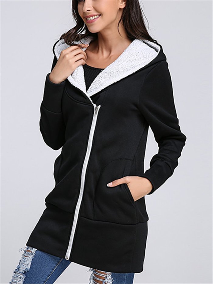 Women Pockets Casual Solid Hoodie Coats Jacket
