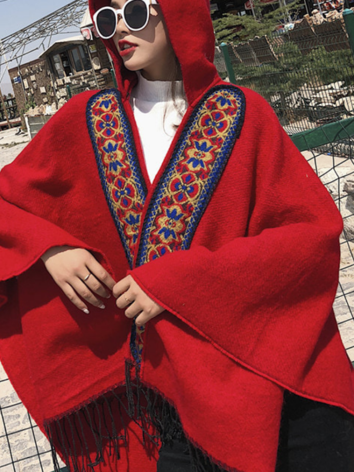 Hoodie Solid Vintage Paneled Winter Cardigans Wool Blend  Woven Cape
