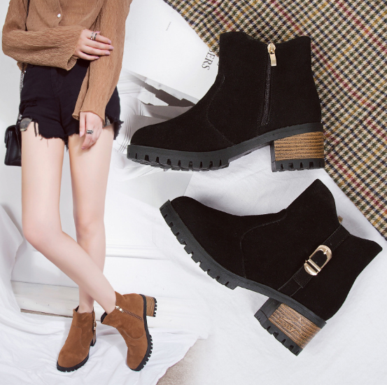 Brown Zipper Business Chunky Heel Suede Boots