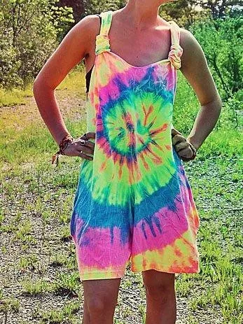Women's Casual Tie Dye Sleeveless Summer Wide Leg Loose Short Jumpsuit Rompers