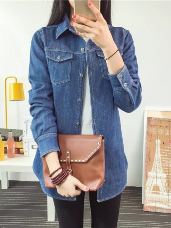 Leopard Lining Denim Shirt Collar Long Sleeve Outdoor Coat