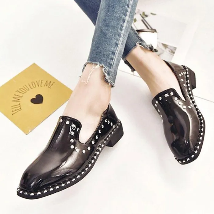 Women Patent leather Rivet Low Heel Loafers Casual Comfort Shoes