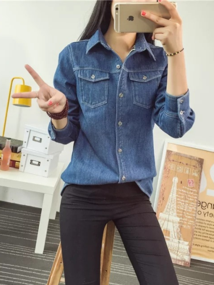 Leopard Lining Denim Shirt Collar Long Sleeve Outdoor Coat