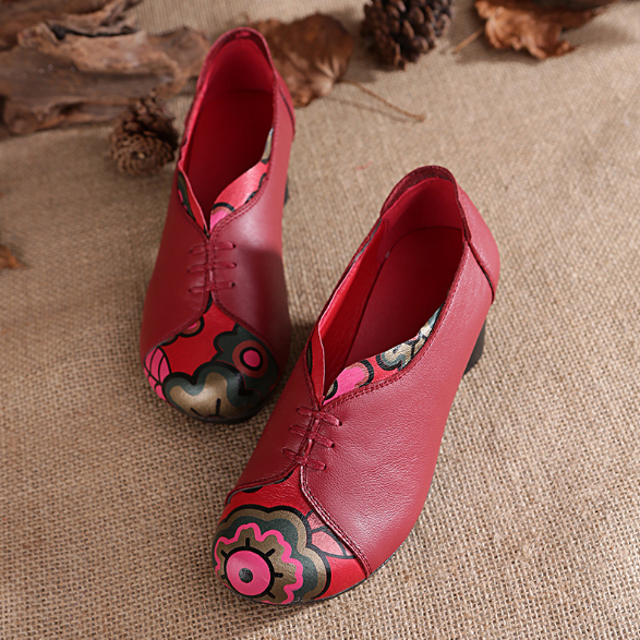 Handmade Chunky Heel Color Block Casual Genuine Leather Loafer