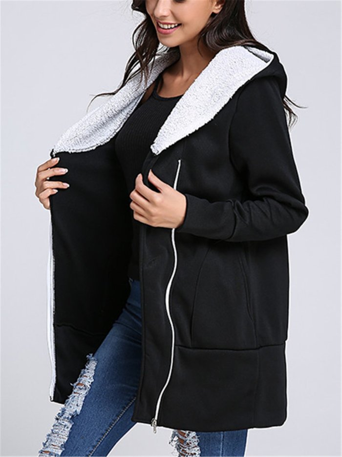 Women Pockets Casual Solid Hoodie Coats Jacket
