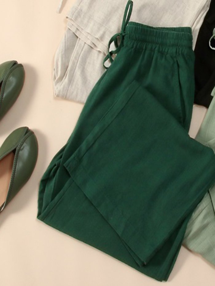 Plus Size Women Cotton And Linen Solid Loose Casual Wide Leg Pants