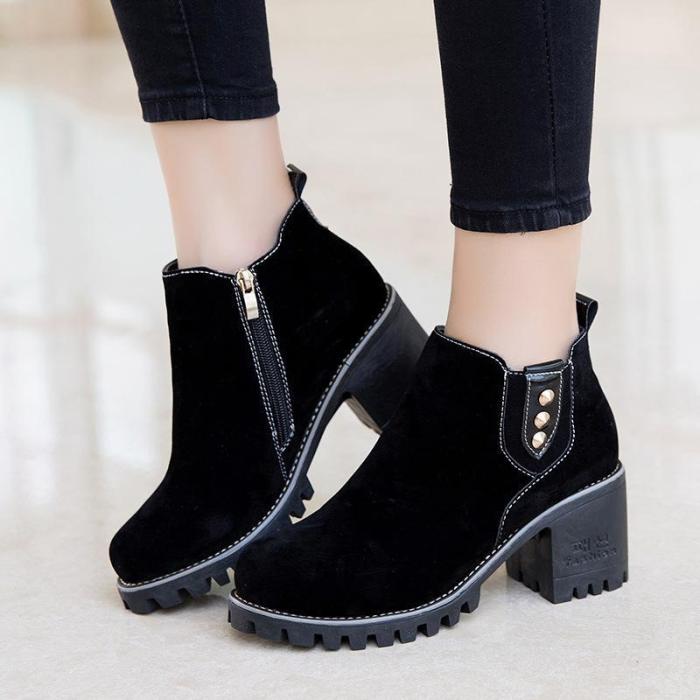 Women Spring Ankle Zipper Chunky Heel Suede Boots