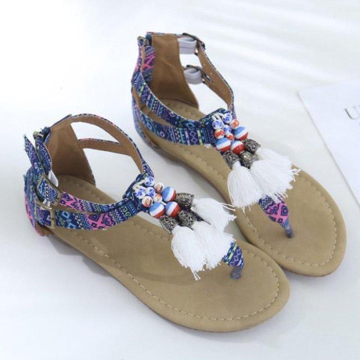 Women Casual Flat Heel Summer Tassel Boho Sandals