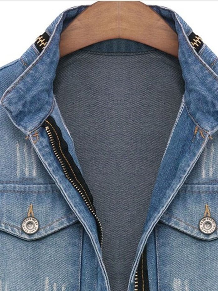 Casual Pockets Denim Stand Collar Causal Coats