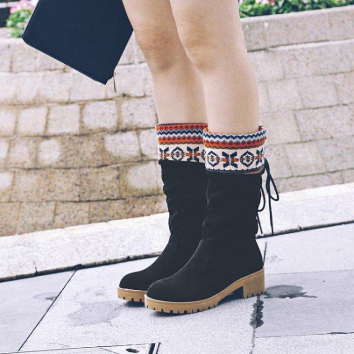 Women Vintage Printed Artificial Nubuck Holiday Lace-Up Boots