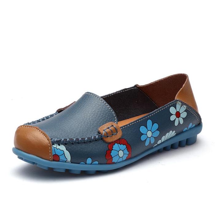 Large Size Floral Print Split Leather Casual Flats