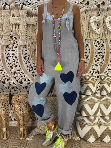 Plus Size Women Heart Print Pockets Denim Jumpsuits