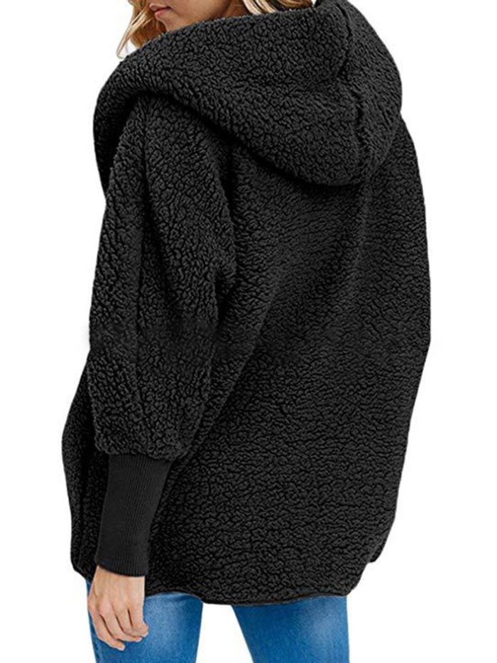 Shawl Collar Long Sleeve Solid Casual Faux fur Hoodie Coat