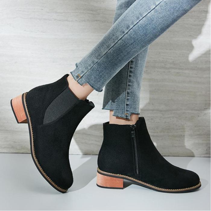 Women Flocking Booties Casual Comfort Zipper Chunky Heel Shoes