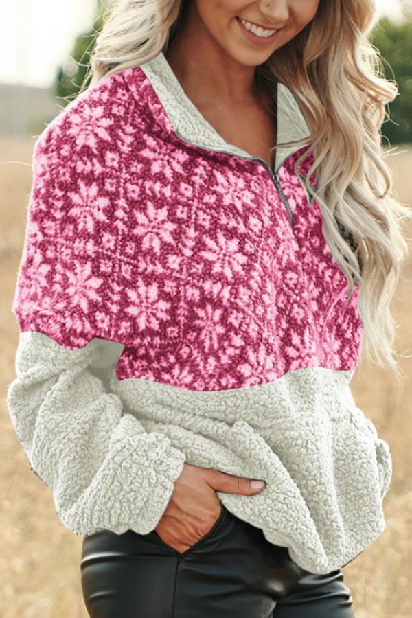 Christmas Snowflake Pullover Bend Collar Zipper Print Teddy Outerwear