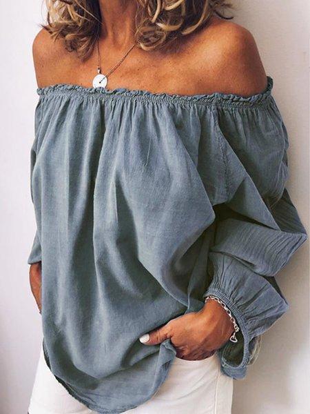 Casual Off Shoulder Long Sleeve Solid Shirts & Tops