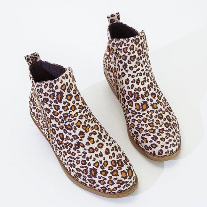Women Ankle Boots Casual Chic Zipper Boots Artificial Leather Leopard Booties