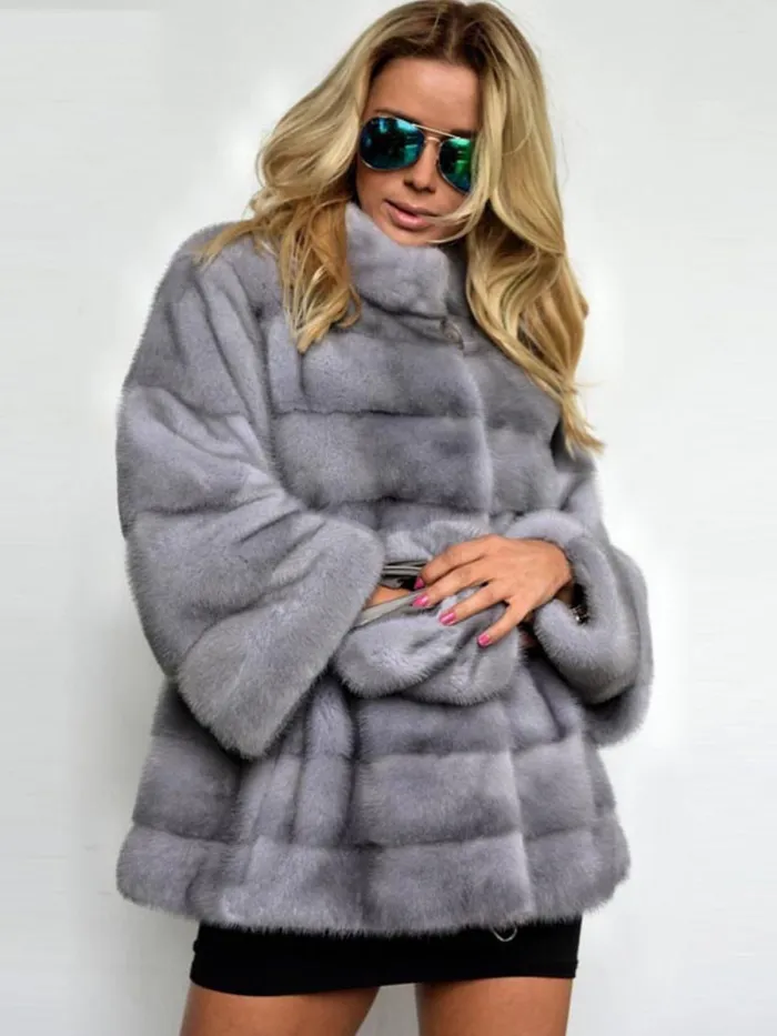 Plus Size Stand Collar Thick Faux Mink Fur Leather Parka Jacket Peacoat