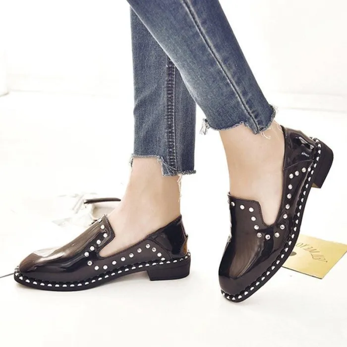 Women Patent leather Rivet Low Heel Loafers Casual Comfort Shoes