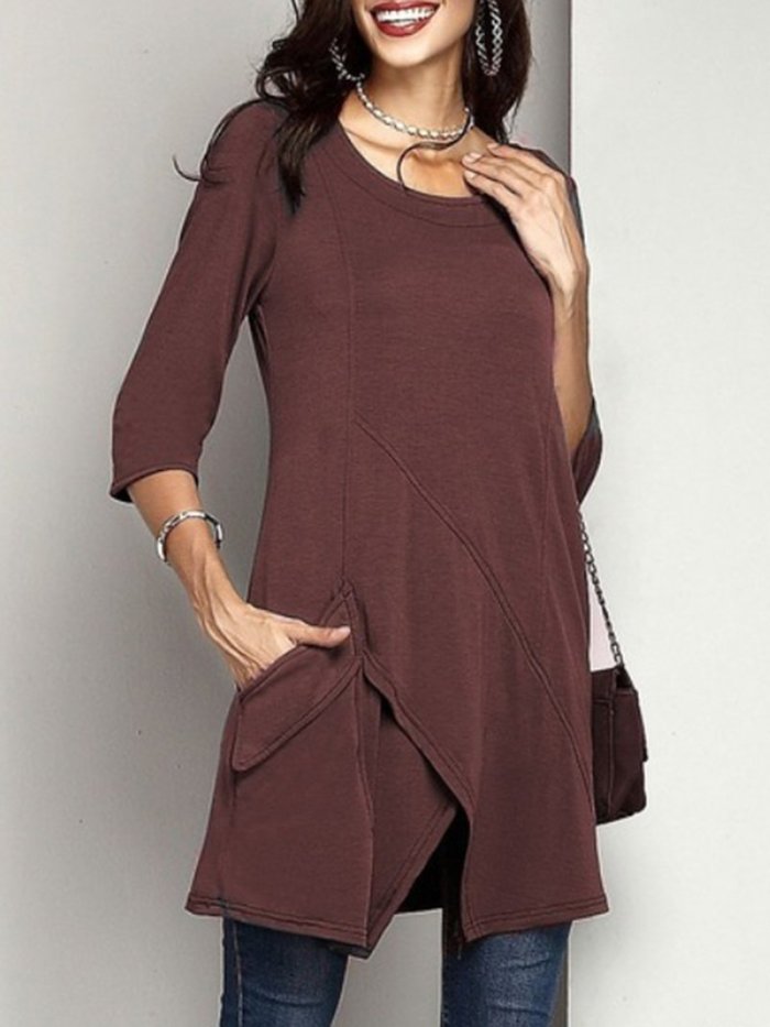 Crew Neck Cotton Casual Solid Pockets T-Shirts