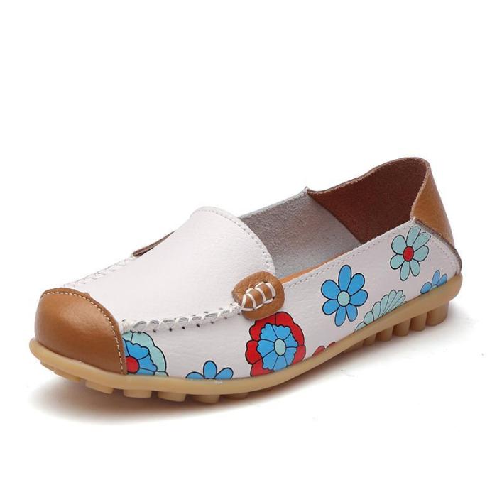 Large Size Floral Print Split Leather Casual Flats