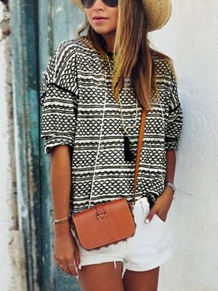 Long Sleeve Crew Neck Printed Vintage Striped T-Shirts