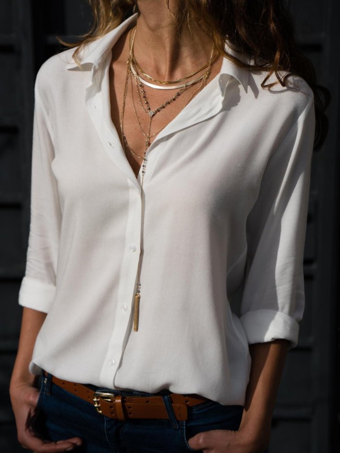 Casual Buttoned Long Sleeve Solid V-Neck Blouse