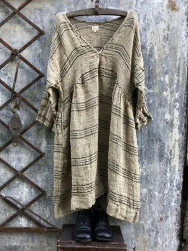 Casual Linen V-Neck 3/4 Sleeve Striped Plus Size Bat Sleeve Tops