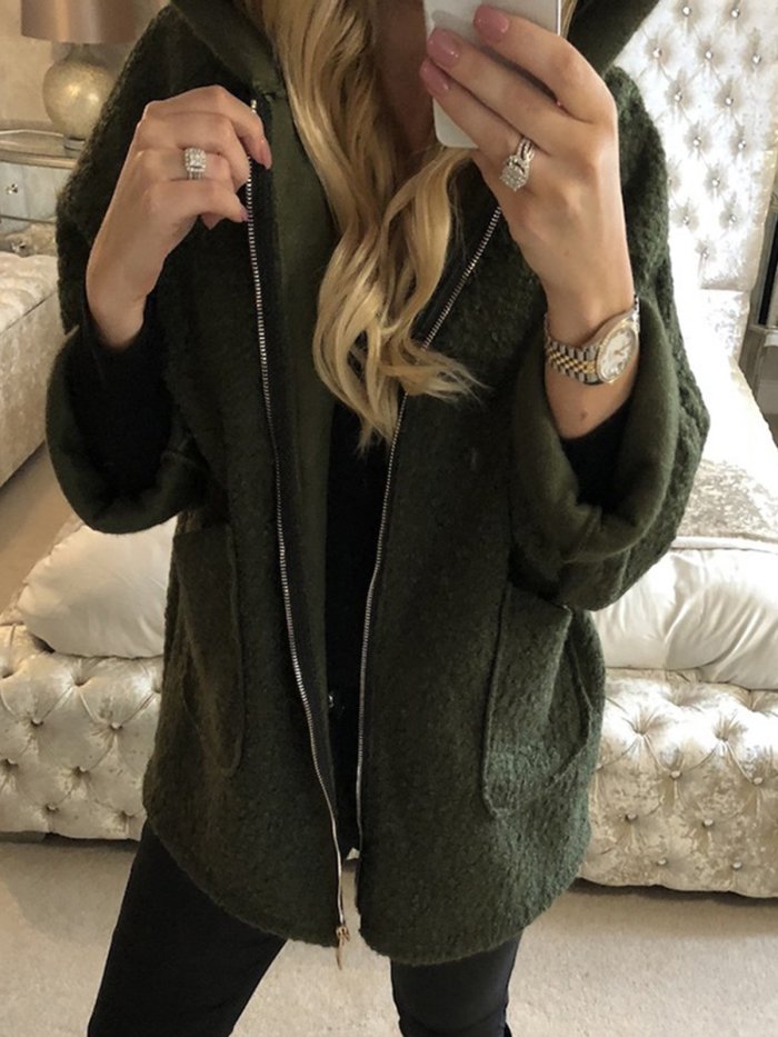 Solid Casual Hooded Zipper Coat