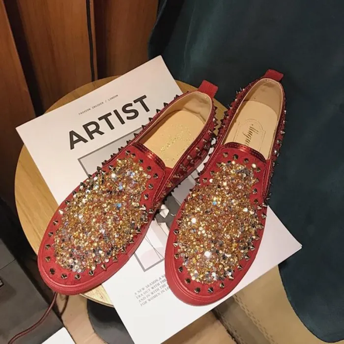 Red PU Spring/Fall Rhinestone Loafers