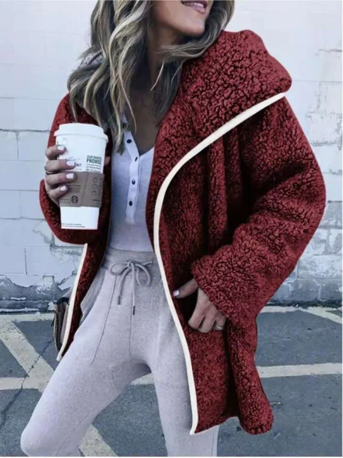 Women Hooded Sherpa Coat Shawl Collar Solid Teddy Bear Coats