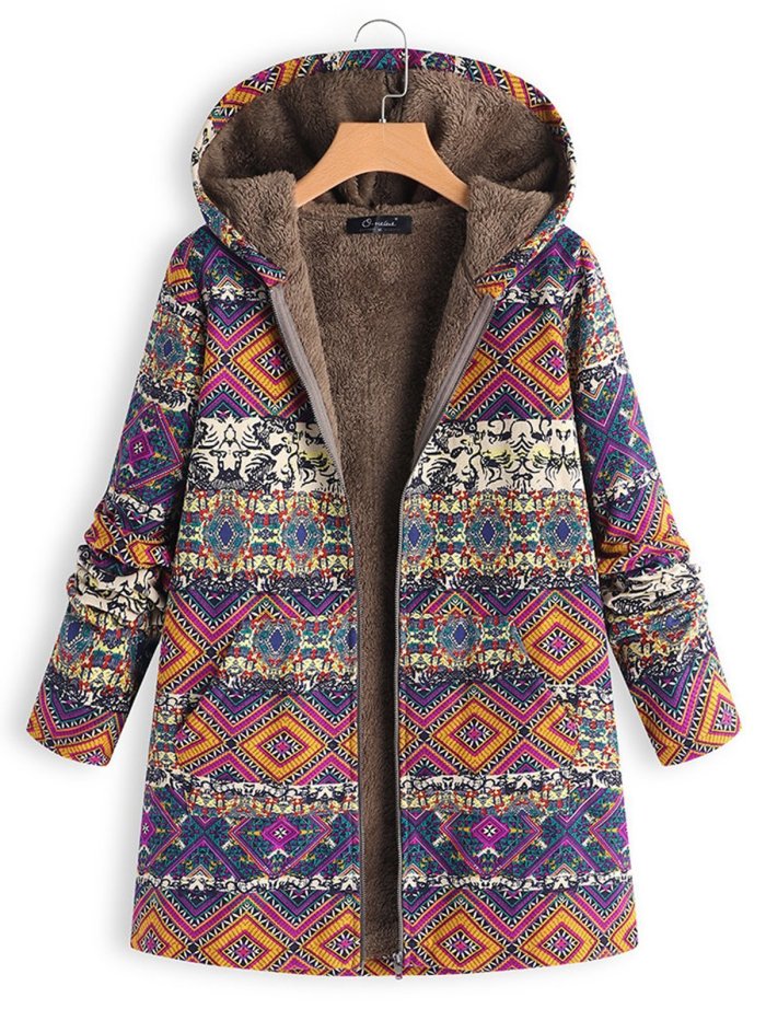 Vintage Printed Long Sleeve Hoodie Coat