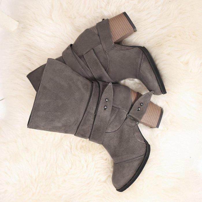 Women Comfy Suede Mid-Calf Chunky Heel Slip-On Boots