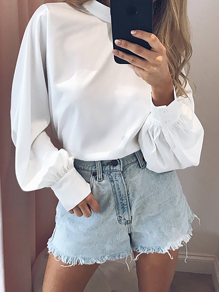 Chiffon Turtle Neck Solid Casual Blouses & Shirt