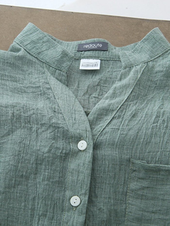 Buttoned Long Sleeve Stand Collar Casual Linen Blouse