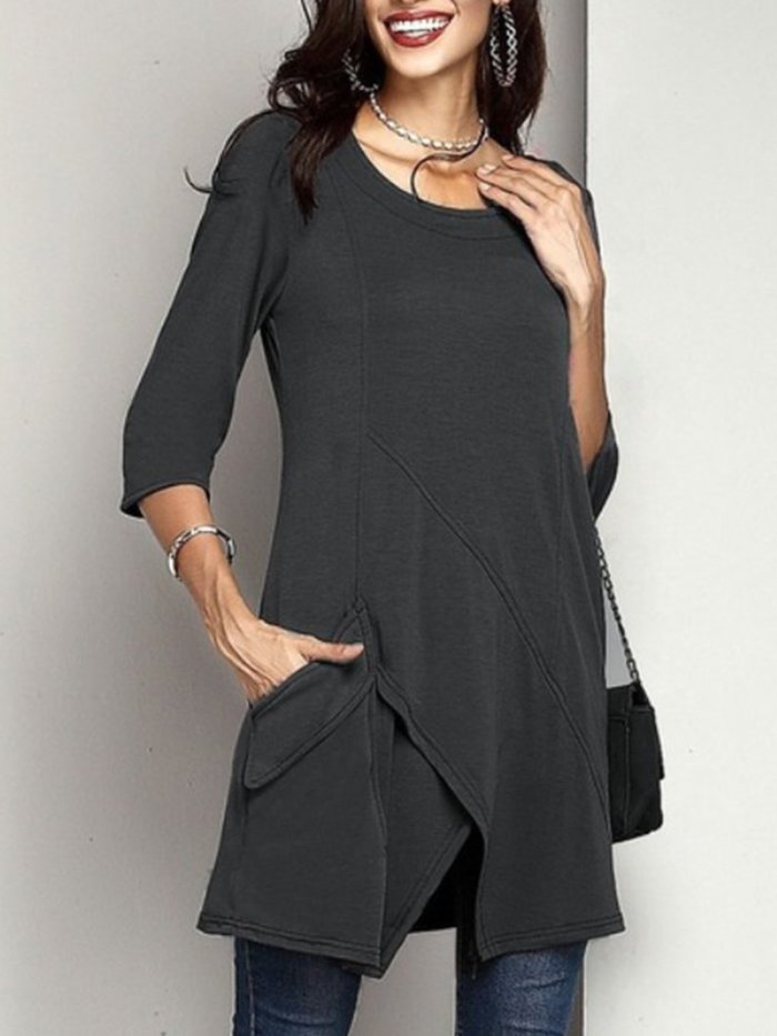 Crew Neck Cotton Casual Solid Pockets T-Shirts