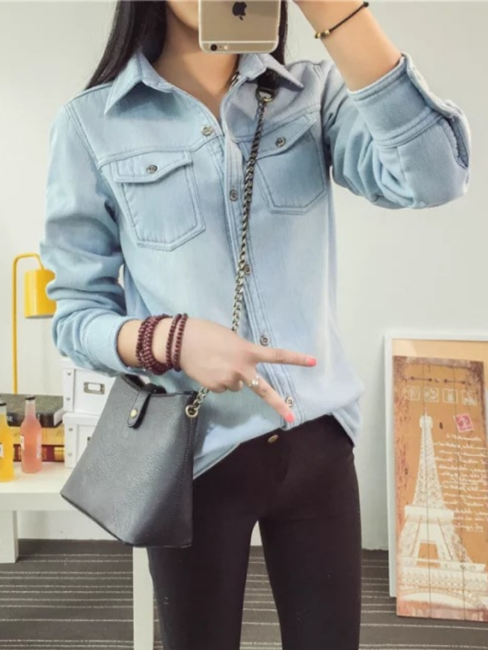 Leopard Lining Denim Shirt Collar Long Sleeve Outdoor Coat