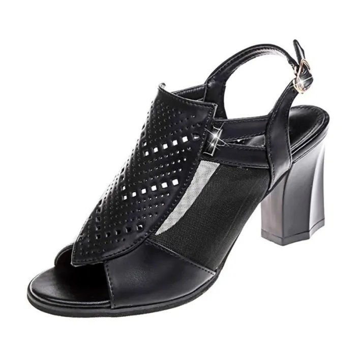 Womens PU Buckle Casual Chunky Heel Sandals