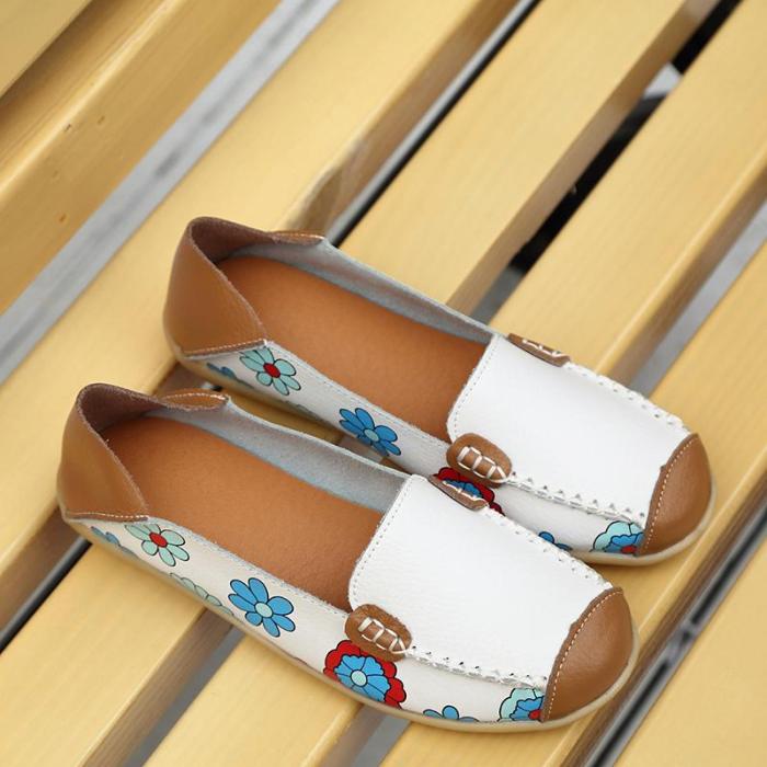 Large Size Floral Print Split Leather Casual Flats