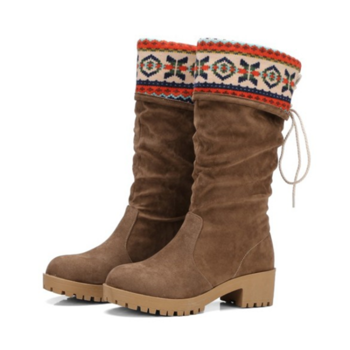 Women Vintage Printed Artificial Nubuck Holiday Lace-Up Boots