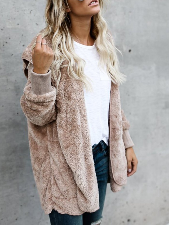 Hoodie Casual Batwing Reversible Shift Fluffy Coat