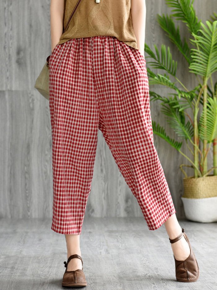 Plaid Elastic Waist Vintage Harem Pants